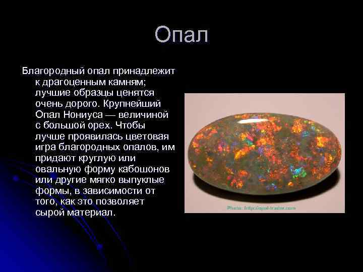 Опал Благородный опал принадлежит к драгоценным камням; лучшие образцы ценятся очень дорого. Крупнейший Опал
