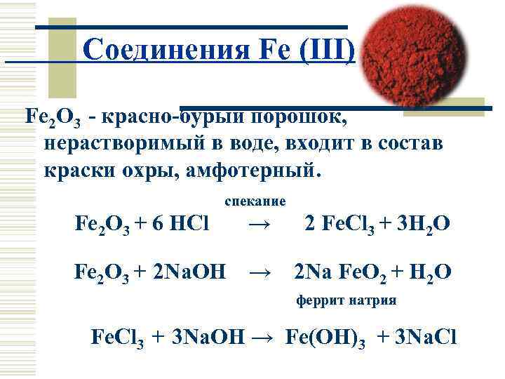 Соединения Fe (III) Fe 2 O 3 - красно-бурый порошок, нерастворимый в воде, входит