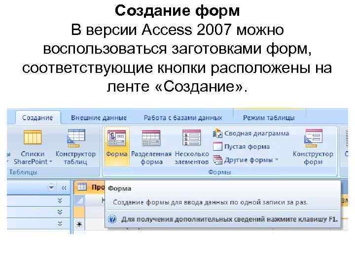 Создание форм В версии Access 2007 можно воспользоваться заготовками форм, соответствующие кнопки расположены на