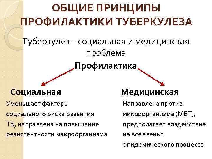 ОБЩИЕ ПРИНЦИПЫ ПРОФИЛАКТИКИ ТУБЕРКУЛЕЗА Туберкулез – социальная и медицинская проблема Профилактика Социальная Медицинская Уменьшает