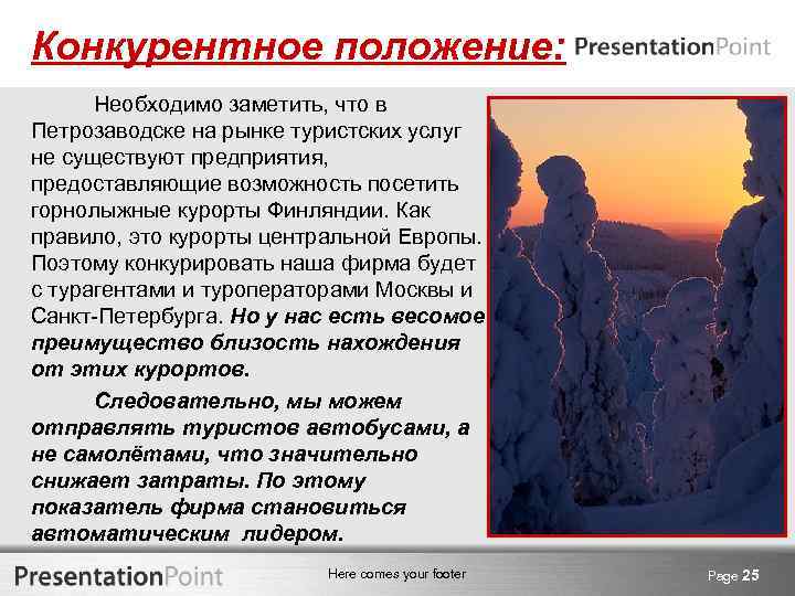 Конкурентное положение: Необходимо заметить, что в Петрозаводске на рынке туристских услуг не существуют предприятия,