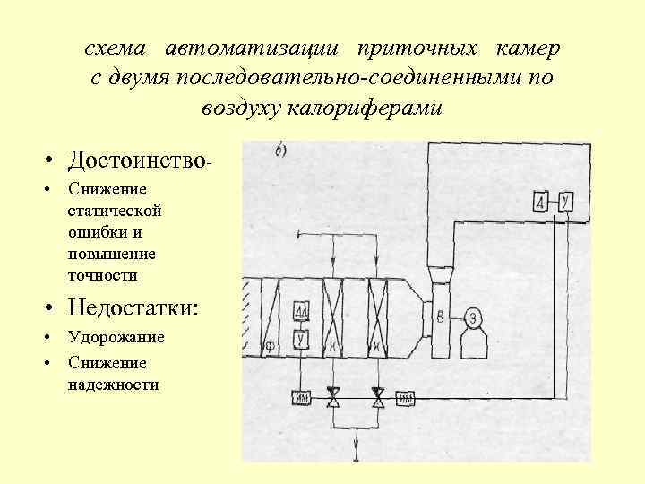 схема автоматизации приточных камер с двумя последовательно-соединенными по воздуху калориферами • Достоинство • Снижение