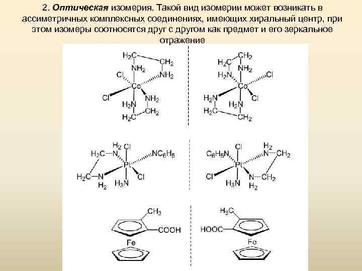 2. Оптическая изомерия. Такой вид изомерии может возникать в ассиметричных комплексных соединениях, имеющих хиральный