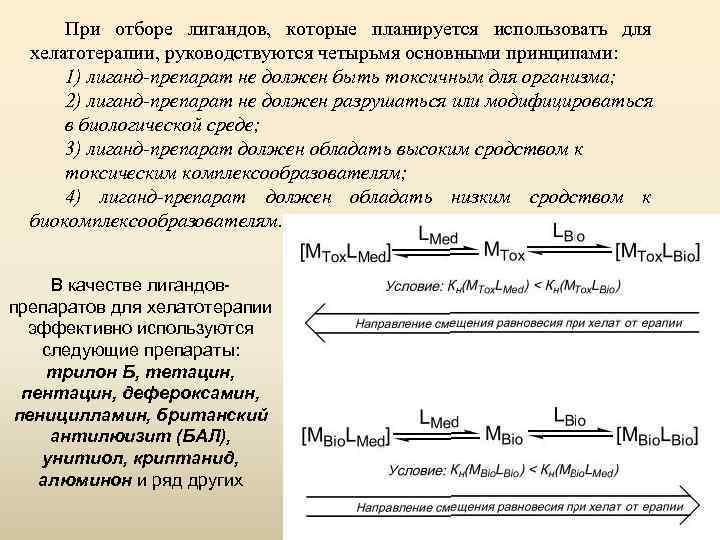 При отборе лигандов, которые планируется использовать для хелатотерапии, руководствуются четырьмя основными принципами: 1) лиганд-препарат