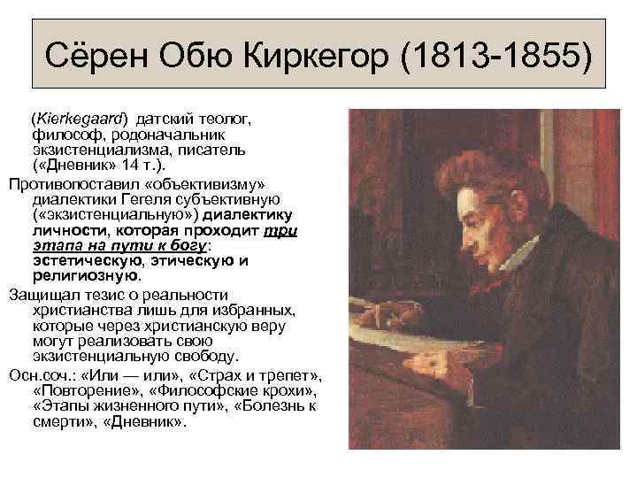 Сёрен Обю Киркегор (1813 -1855) (Kierkegaard) датский теолог, философ, родоначальник экзистенциализма, писатель ( «Дневник»