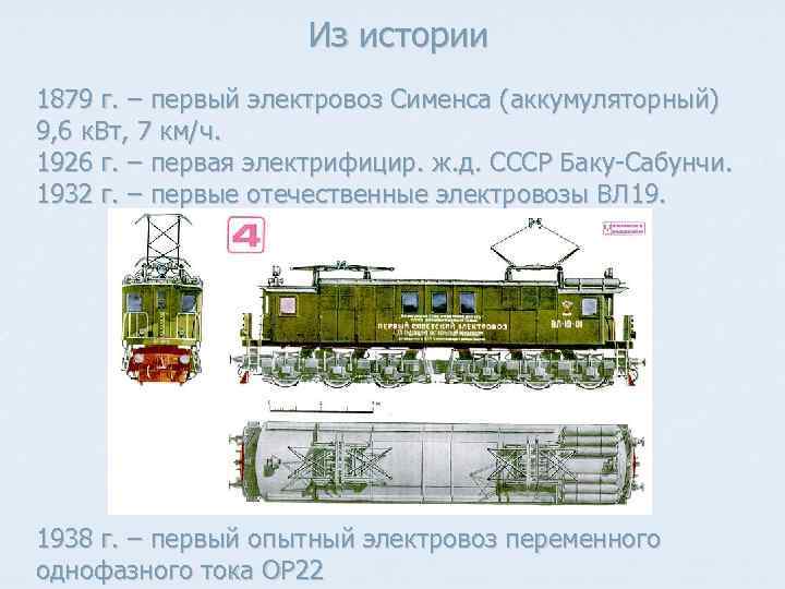 Из истории 1879 г. – первый электровоз Сименса (аккумуляторный) 9, 6 к. Вт, 7