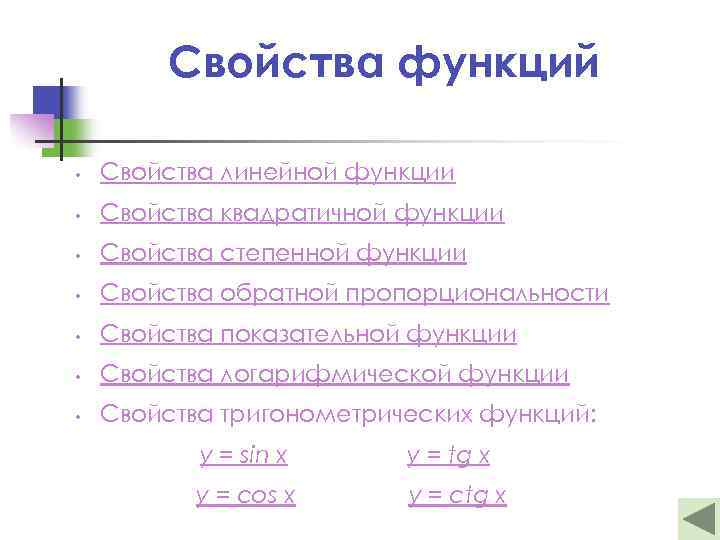Свойства функций • Свойства линейной функции • Свойства квадратичной функции • Свойства степенной функции