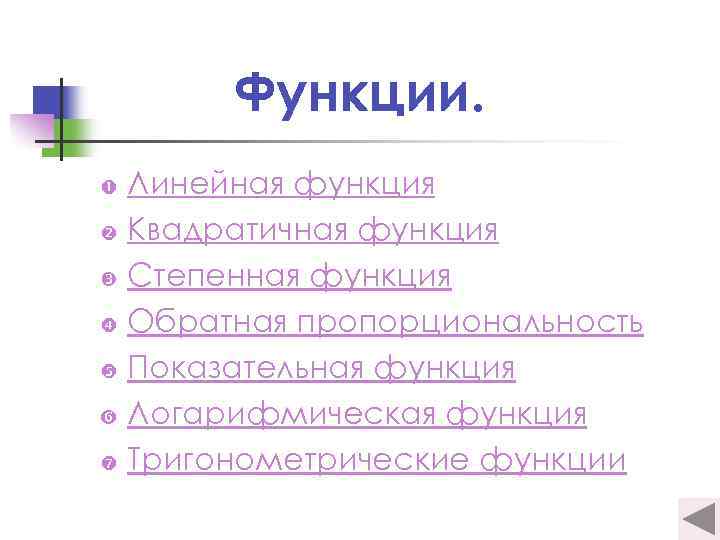Функции. Линейная функция Квадратичная функция Степенная функция Обратная пропорциональность Показательная функция Логарифмическая функция Тригонометрические