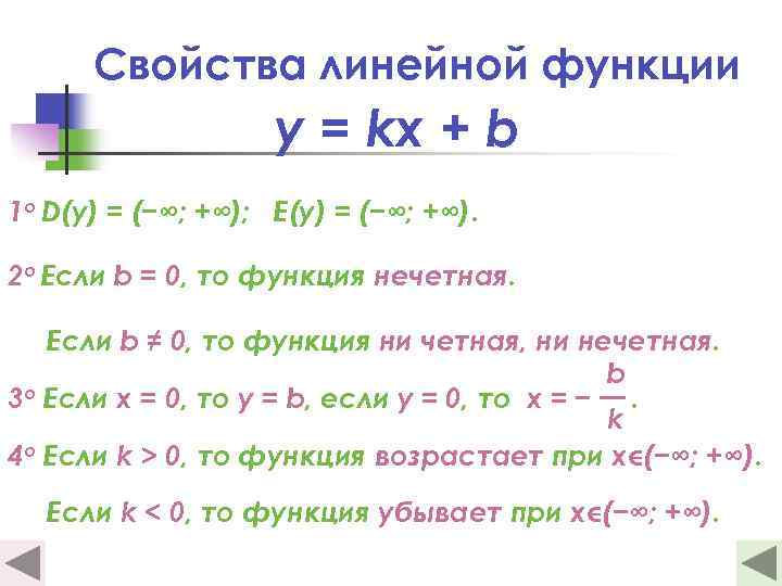 Свойства линейной функции y = kx + b 1 о D(y) = (−∞; +∞);