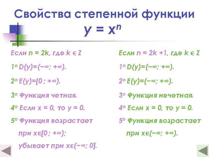 Свойства степенной функции y= n x Если n = 2 k, где k Z