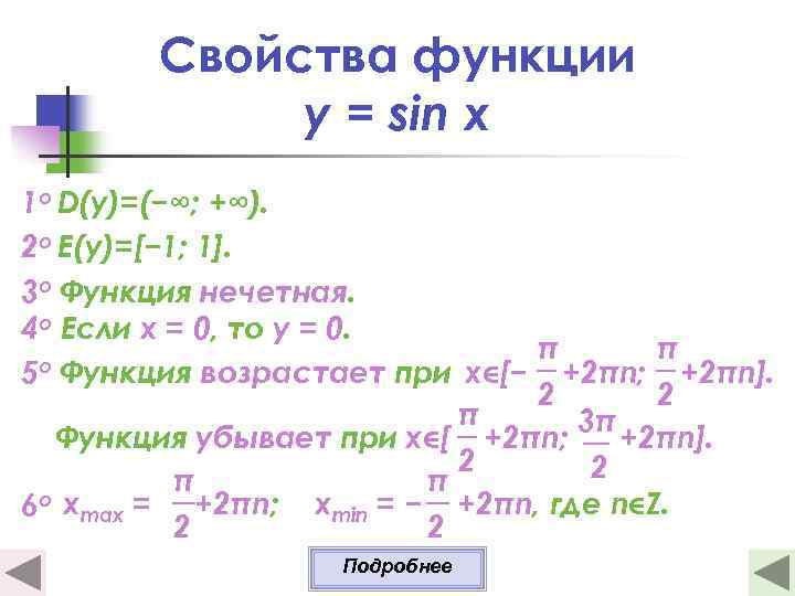 Свойства функции y = sin x 1 о D(y)=(−∞; +∞). 2 о E(y)=[− 1;