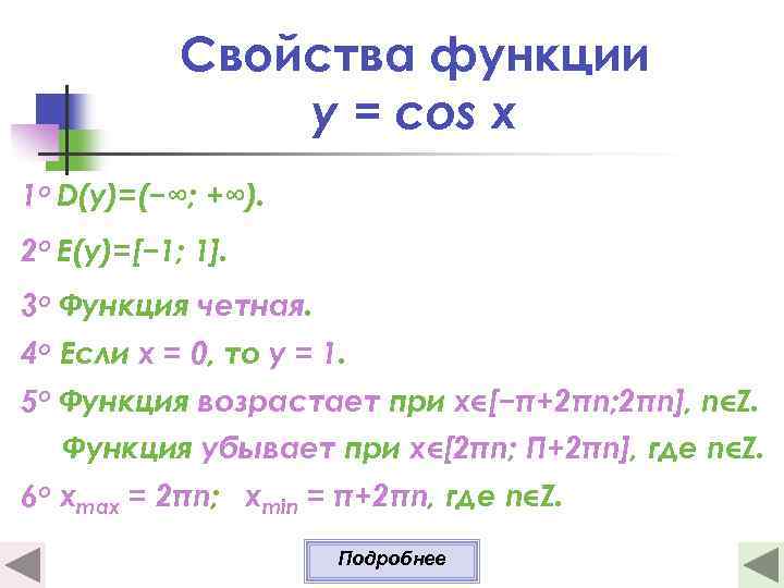 Свойства функции y = cos x 1 о D(y)=(−∞; +∞). 2 о E(y)=[− 1;
