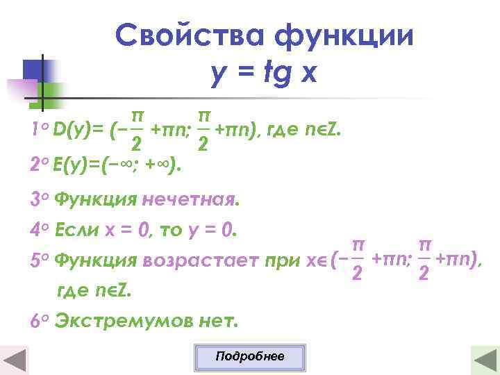 Свойства функции y = tg x π π (− +πn; +πn), где n Z.