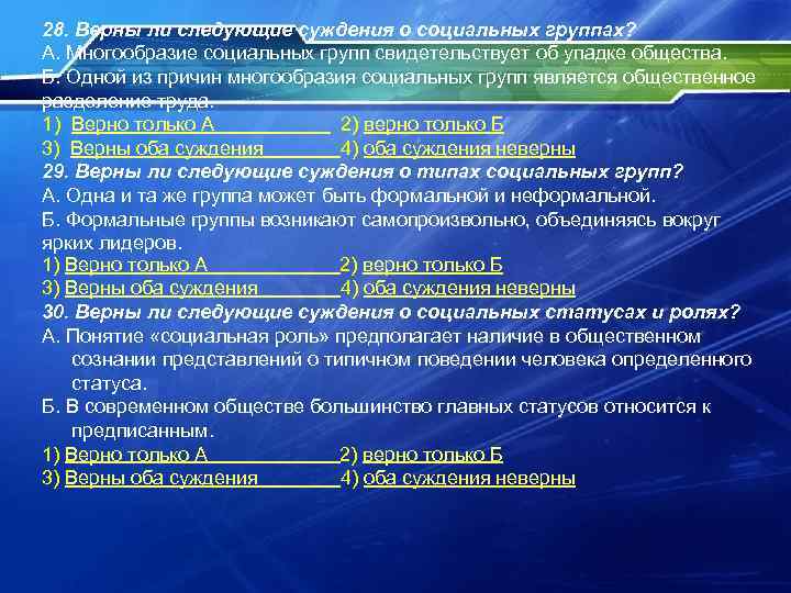 28. Верны ли следующие суждения о социальных группах? А. Многообразие социальных групп свидетельствует об