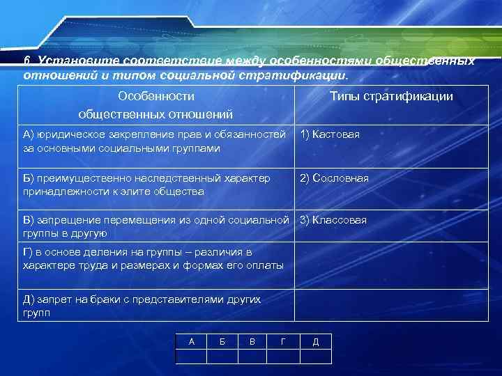 6. Установите соответствие между особенностями общественных отношений и типом социальной стратификации. Особенности общественных отношений