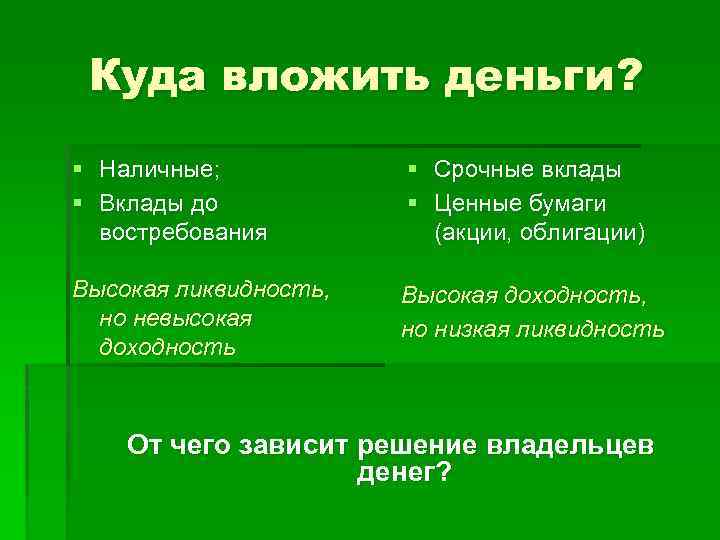 Куда вложить деньги? § Наличные; § Вклады до востребования § Срочные вклады § Ценные