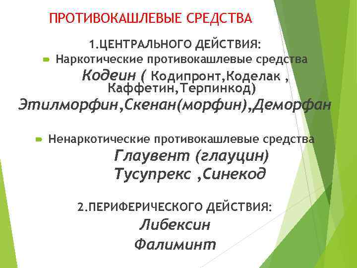 ПРОТИВОКАШЛЕВЫЕ СРЕДСТВА 1. ЦЕНТРАЛЬНОГО ДЕЙСТВИЯ: Наркотические противокашлевые средства Кодеин ( Кодипронт, Коделак , Каффетин,