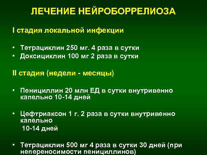 ЛЕЧЕНИЕ НЕЙРОБОРРЕЛИОЗА I стадия локальной инфекции • Тетрациклин 250 мг. 4 раза в сутки