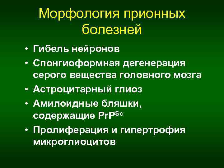 Морфология прионных болезней • Гибель нейронов • Спонгиоформная дегенерация серого вещества головного мозга •