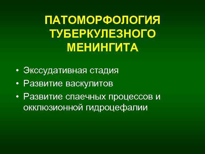ПАТОМОРФОЛОГИЯ ТУБЕРКУЛЕЗНОГО МЕНИНГИТА • Экссудативная стадия • Развитие васкулитов • Развитие спаечных процессов и