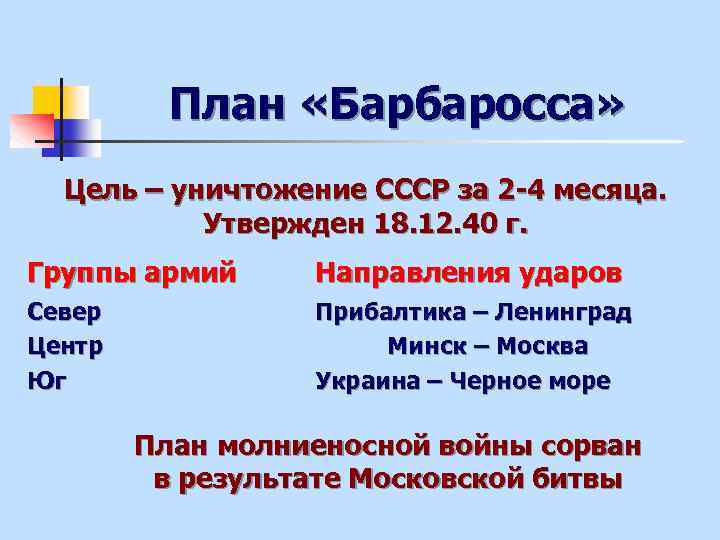 Итоги плана барбаросса кратко