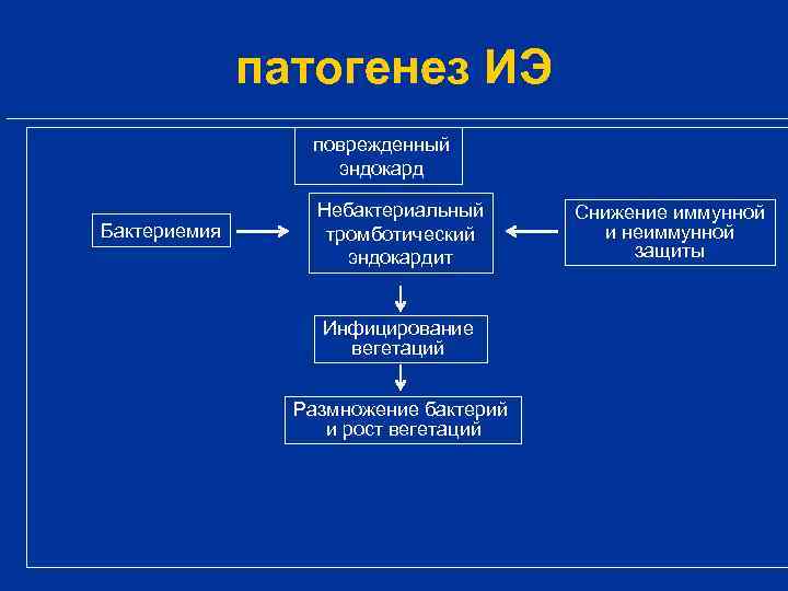 патогенез ИЭ поврежденный эндокард Бактериемия Небактериальный тромботический эндокардит Инфицирование вегетаций Размножение бактерий и рост