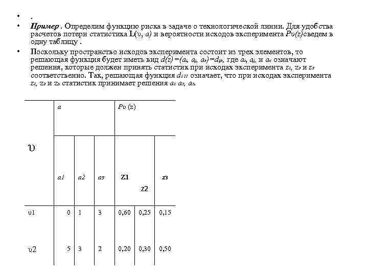  • • • . Пример. Определим функцию риска в задаче о технологической линии.