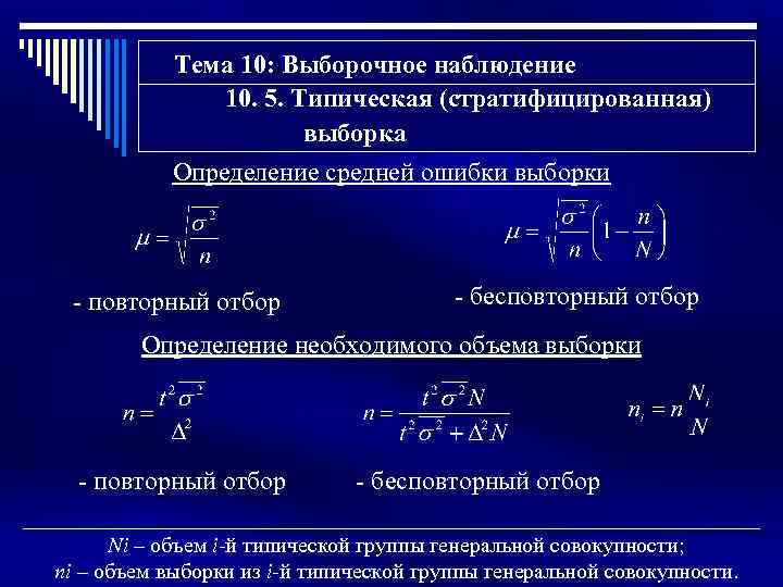 Тема 10: Выборочное наблюдение 10. 5. Типическая (стратифицированная) выборка Определение средней ошибки выборки -