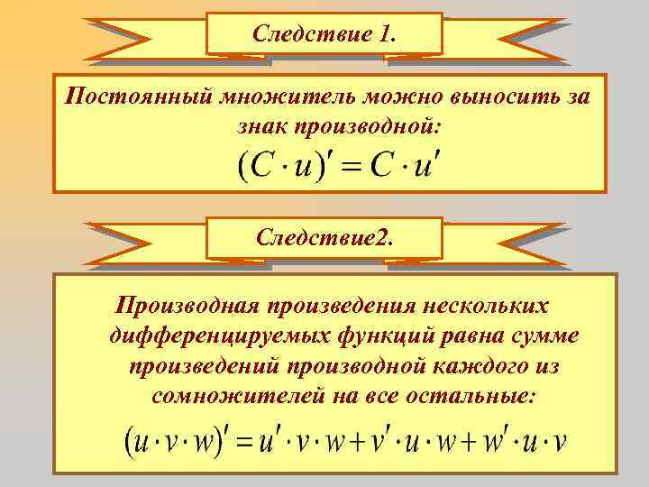 Следствие 1. Постоянный множитель можно выносить за знак производной: Следствие 2. Производная произведения нескольких