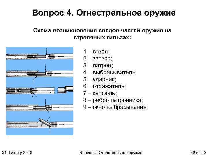 Вопрос 4. Огнестрельное оружие Схема возникновения следов частей оружия на стреляных гильзах: 1 –