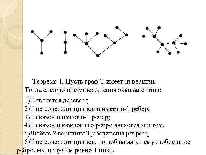 Теорема 1. Пусть граф Т имеет m вершин. Тогда следующие утверждения эквивалентны: 1)Т является