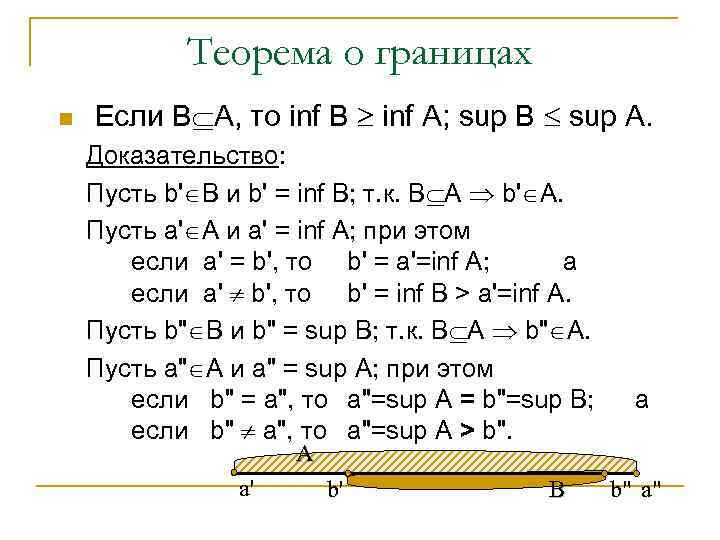 Теорема о границах n Если В А, то inf В inf А; sup В