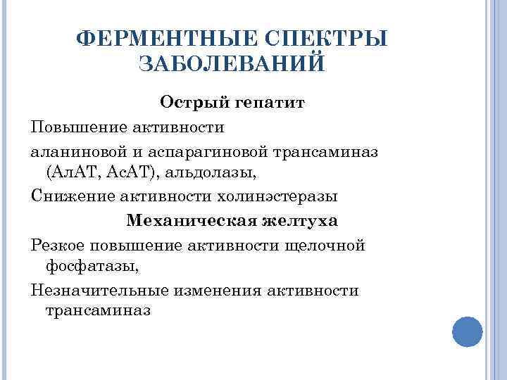 ФЕРМЕНТНЫЕ СПЕКТРЫ ЗАБОЛЕВАНИЙ Острый гепатит Повышение активности аланиновой и аспарагиновой трансаминаз (Ал. АТ, Ас.