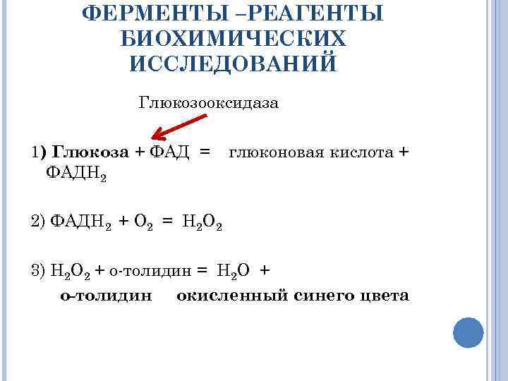 ФЕРМЕНТЫ –РЕАГЕНТЫ БИОХИМИЧЕСКИХ ИССЛЕДОВАНИЙ Глюкозооксидаза 1) Глюкоза + ФАД = ФАДН 2 глюконовая кислота