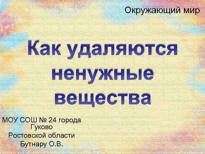 Окружающий мир Как удаляются ненужные вещества МОУ СОШ № 24 города Гуково Ростовской области