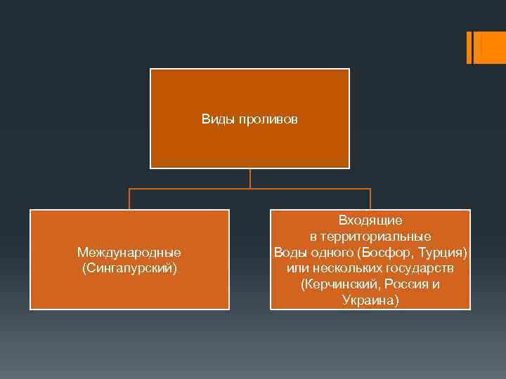 Виды проливов Международные (Сингапурский) Входящие в территориальные Воды одного (Босфор, Турция) или нескольких государств