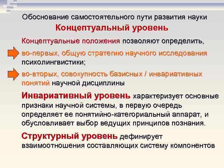 Обоснование самостоятельного пути развития науки Концептуальный уровень Концептуальные положения позволяют определить, во-первых, общую стратегию