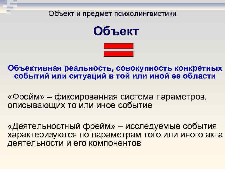 Объект и предмет психолингвистики Объективная реальность, совокупность конкретных событий или ситуаций в той или