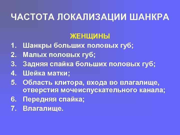 ЧАСТОТА ЛОКАЛИЗАЦИИ ШАНКРА 1. 2. 3. 4. 5. 6. 7. ЖЕНЩИНЫ Шанкры больших половых
