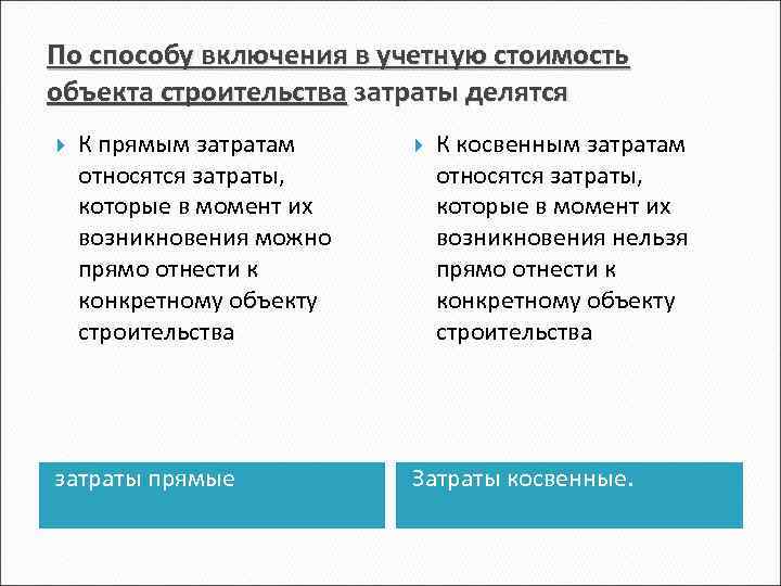 По способу включения в учетную стоимость объекта строительства затраты делятся К прямым затратам относятся