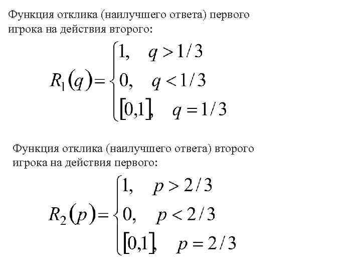 Функция отклика (наилучшего ответа) первого игрока на действия второго: Функция отклика (наилучшего ответа) второго