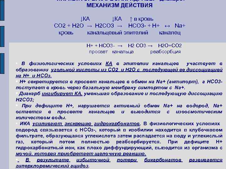 ИНГИБИТОРЫ КАРБОАНГИДРАЗЫ - диакарб. МЕХАНИЗМ ДЕЙСТВИЯ ↓КА ↑ в кровь СО 2 + Н