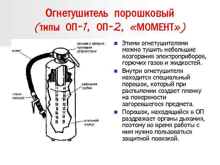 Огнетушитель порошковый (типы ОП-1, ОП-2, «МОМЕНТ» ) Этими огнетушителями можно тушить небольшие возгорания электроприборов,
