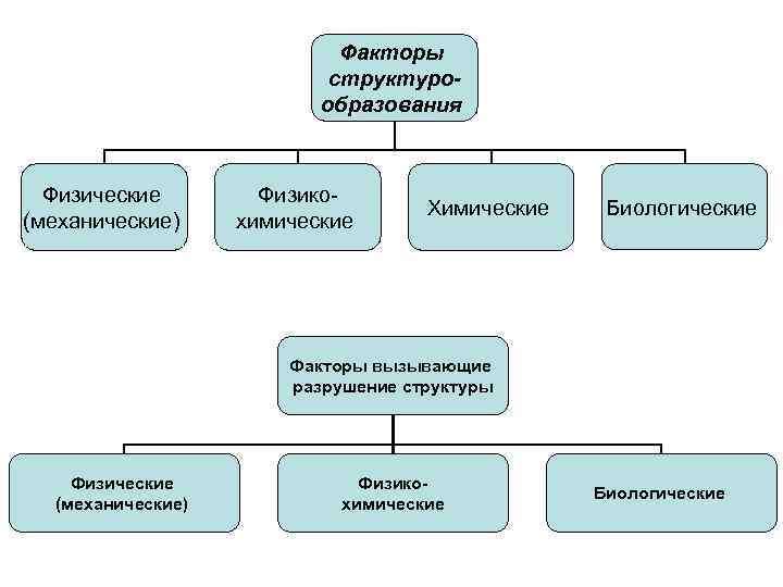 Факторы структурообразования Физические (механические) Физикохимические Химические Биологические Факторы вызывающие разрушение структуры Физические (механические) Физикохимические