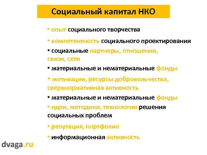 Социальный капитал НКО • опыт социального творчества • компетентность социального проектирования • социальные партнеры,