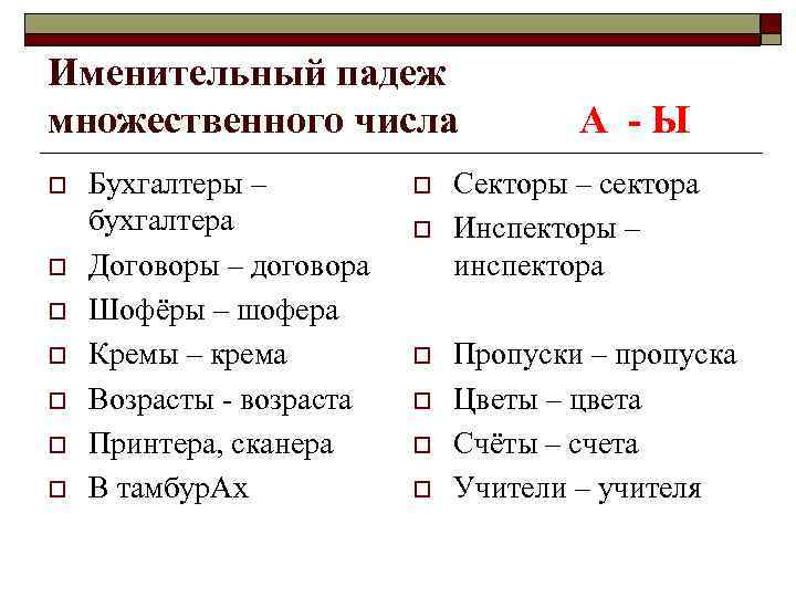 Именительный падеж множественного числа o o o o Бухгалтеры – бухгалтера Договоры – договора