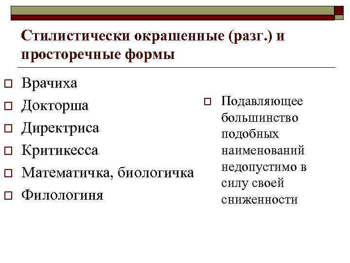 Стилистически окрашенные (разг. ) и просторечные формы o o o Врачиха Докторша Директриса Критикесса