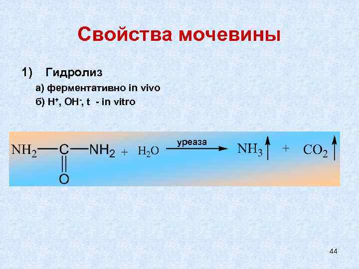 Свойства мочевины 1) Гидролиз а) ферментативно in vivo б) Н+, ОН-, t - in