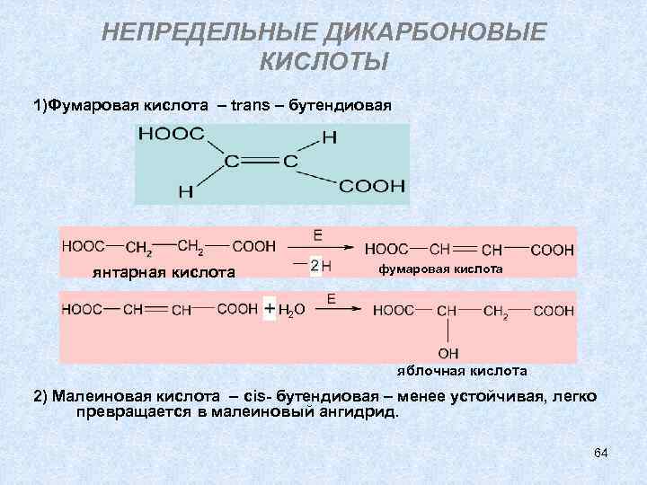 НЕПРЕДЕЛЬНЫЕ ДИКАРБОНОВЫЕ КИСЛОТЫ 1)Фумаровая кислота – trans – бутендиовая фумаровая кислота янтарная кислота Н