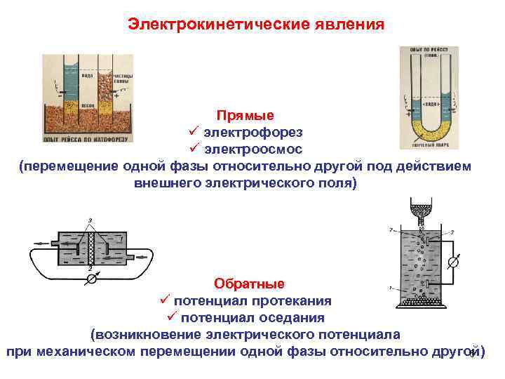 Электрокинетические явления Прямые ü электрофорез ü электроосмос (перемещение одной фазы относительно другой под действием